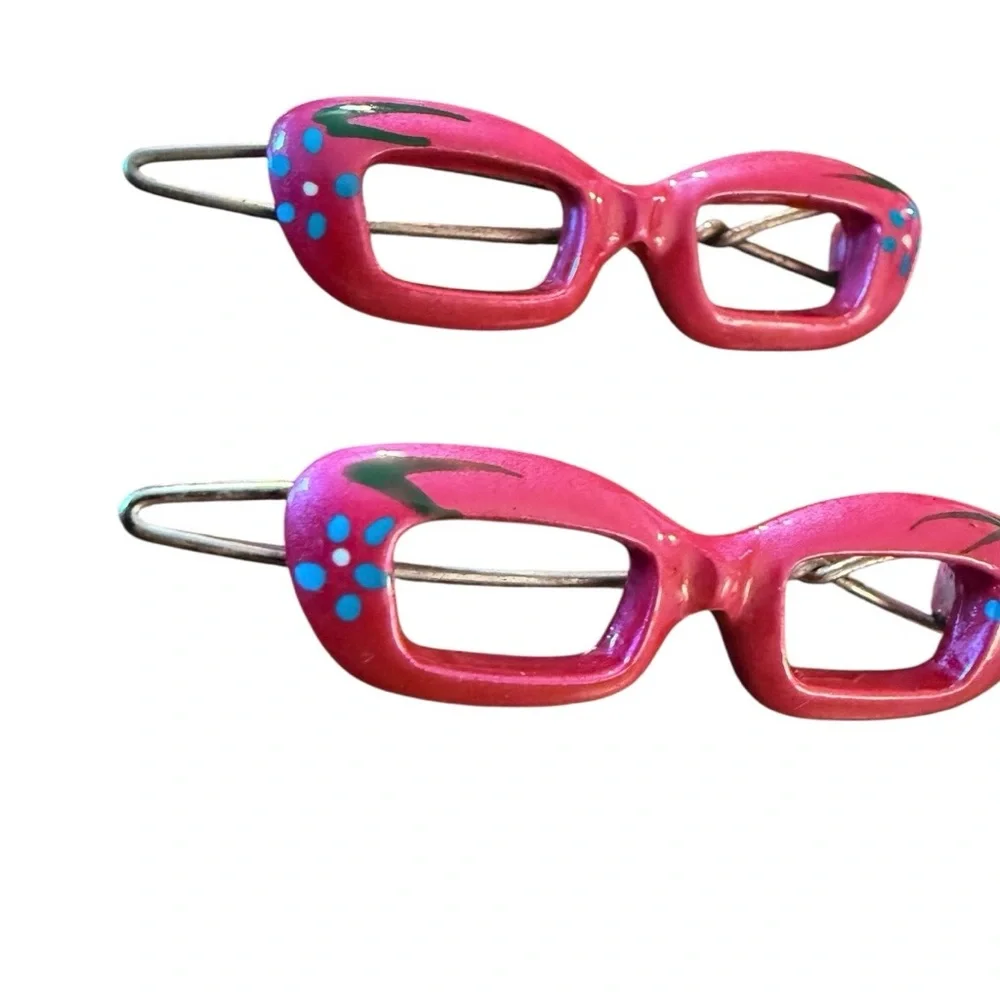 Vintage Cateye Glasses Barrettes Hair Clips, Hand Painted Pink, Deadstock, 2”